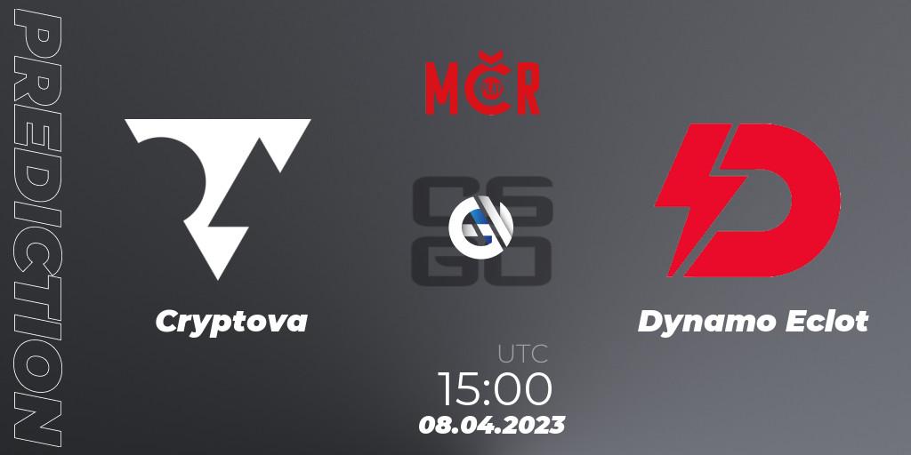 Cryptova contre Dynamo Eclot : prédiction de match. 08.04.2023 at 16:40. Counter-Strike (CS2), Tipsport Cup Prague Spring 2023