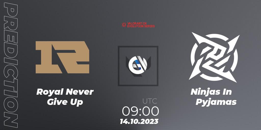 Royal Never Give Up contre Ninjas In Pyjamas : prédiction de match. 14.10.2023 at 09:00. VALORANT, VALORANT China Evolution Series Act 2: Selection - Play-In