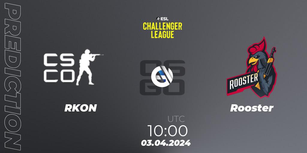 RKON contre Rooster : prédiction de match. 03.04.2024 at 10:00. Counter-Strike (CS2), ESL Challenger League Season 47: Oceania