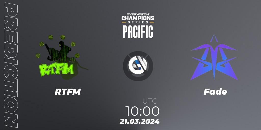 RTFM contre Fade : prédiction de match. 21.03.2024 at 10:00. Overwatch, Overwatch Champions Series 2024 - Stage 1 Pacific