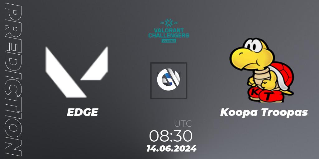 EDGE contre Koopa Troopas : prédiction de match. 14.06.2024 at 08:30. VALORANT, VALORANT Challengers 2024 Oceania: Split 2