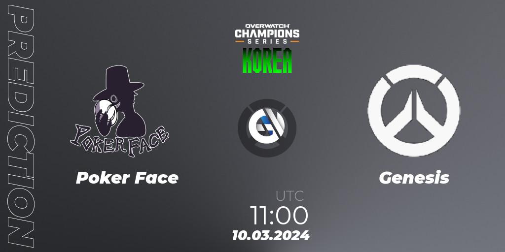 Poker Face contre Genesis : prédiction de match. 10.03.2024 at 11:00. Overwatch, Overwatch Champions Series 2024 - Stage 1 Korea