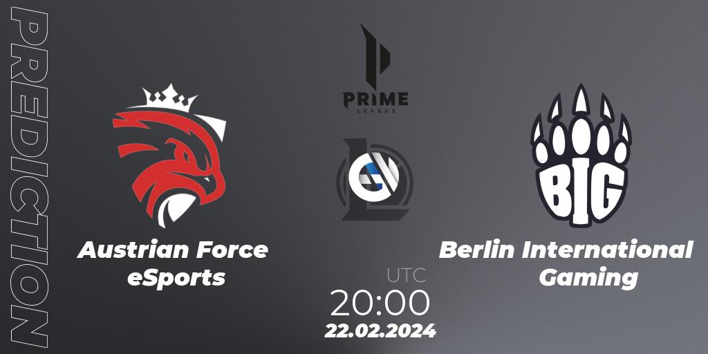 Austrian Force eSports contre Berlin International Gaming : prédiction de match. 24.01.2024 at 18:00. LoL, Prime League Spring 2024 - Group Stage