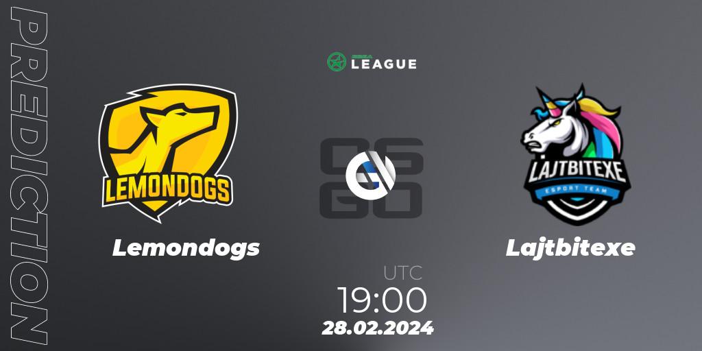 Lemondogs contre Lajtbitexe : prédiction de match. 28.02.2024 at 19:00. Counter-Strike (CS2), ESEA Season 48: Advanced Division - Europe