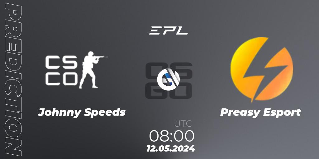 Johnny Speeds contre Preasy Esport : prédiction de match. 12.05.2024 at 09:00. Counter-Strike (CS2), European Pro League Season 17: Division 2