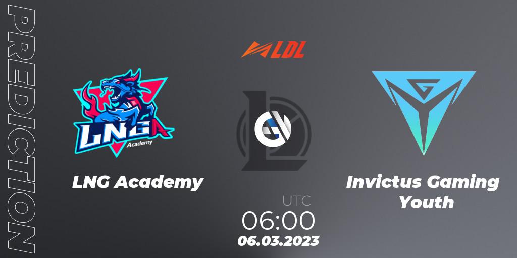LNG Academy contre Invictus Gaming Youth : prédiction de match. 06.03.2023 at 06:00. LoL, LDL 2023 - Regular Season