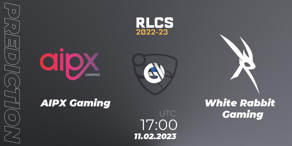 AIPX Gaming contre White Rabbit Gaming : prédiction de match. 11.02.2023 at 17:20. Rocket League, RLCS 2022-23 - Winter: Sub-Saharan Africa Regional 2 - Winter Cup