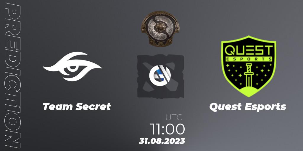 Team Secret contre PSG Quest : prédiction de match. 31.08.2023 at 11:00. Dota 2, The International 2023 - Western Europe Qualifier