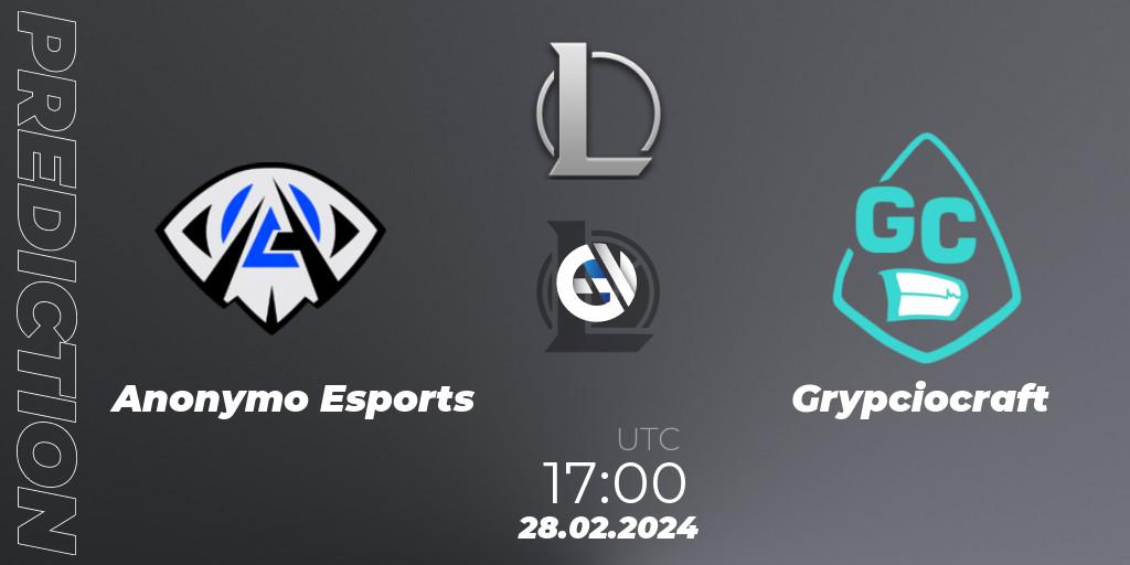 Anonymo Esports contre Grypciocraft : prédiction de match. 28.02.2024 at 17:00. LoL, Ultraliga S11