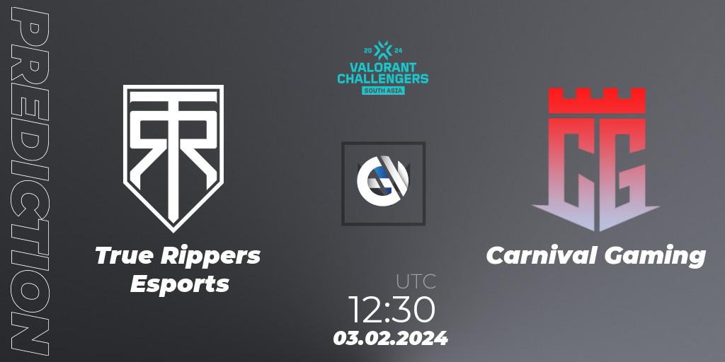 True Rippers Esports contre Carnival Gaming : prédiction de match. 03.02.2024 at 13:00. VALORANT, VALORANT Challengers 2024: South Asia Split 1 - Cup 1