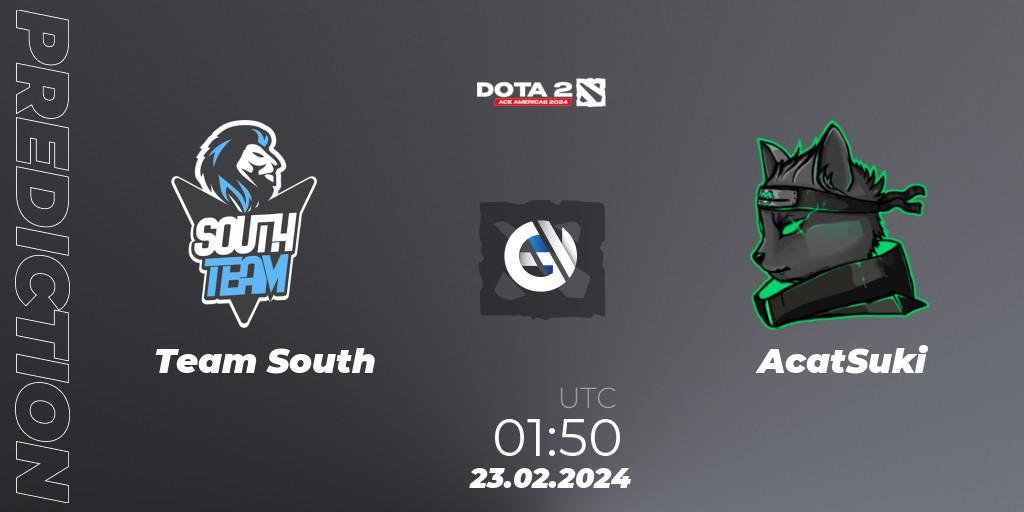 Team South contre AcatSuki : prédiction de match. 23.02.2024 at 01:50. Dota 2, Ace Americas 2024 - Season 1