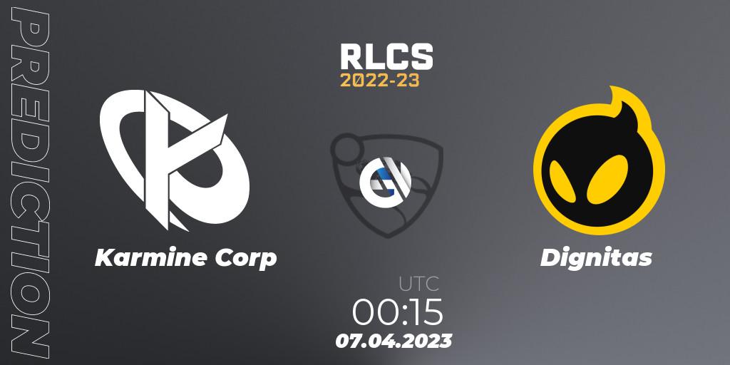 Karmine Corp contre Dignitas : prédiction de match. 06.04.2023 at 22:00. Rocket League, RLCS 2022-23 - Winter Split Major