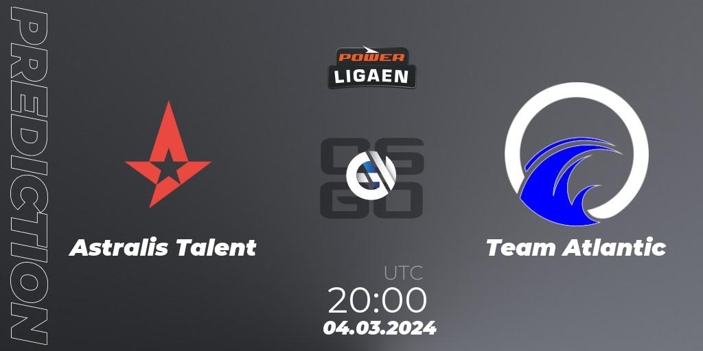 Astralis Talent contre Team Atlantic : prédiction de match. 06.03.2024 at 20:00. Counter-Strike (CS2), Dust2.dk Ligaen Season 25