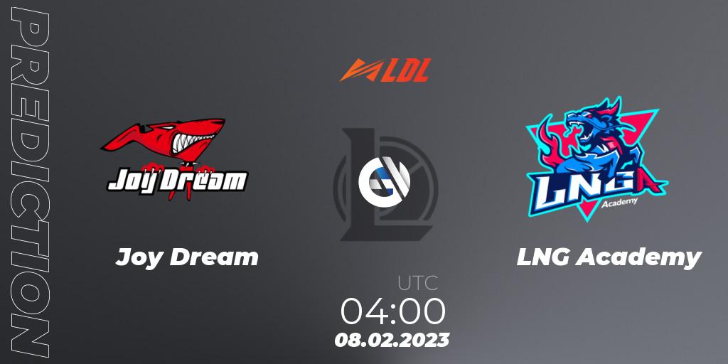 Joy Dream contre LNG Academy : prédiction de match. 08.02.2023 at 04:00. LoL, LDL 2023 - Swiss Stage