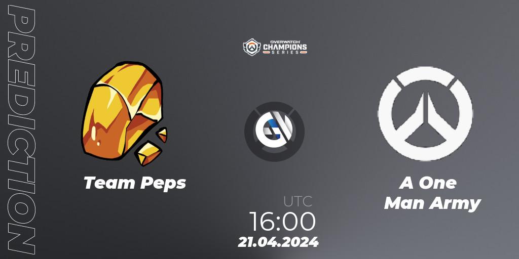 Team Peps contre A One Man Army : prédiction de match. 21.04.2024 at 16:00. Overwatch, Overwatch Champions Series 2024 - EMEA Stage 2 Group Stage