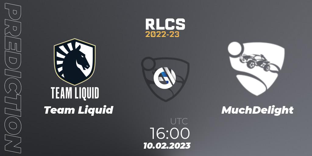 Team Liquid contre MuchDelight : prédiction de match. 10.02.2023 at 16:00. Rocket League, RLCS 2022-23 - Winter: Europe Regional 2 - Winter Cup