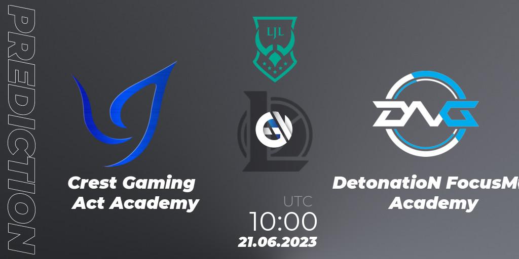 Crest Gaming Act Academy contre DetonatioN FocusMe Academy : prédiction de match. 21.06.2023 at 10:15. LoL, LJL Academy 2023 - Group Stage