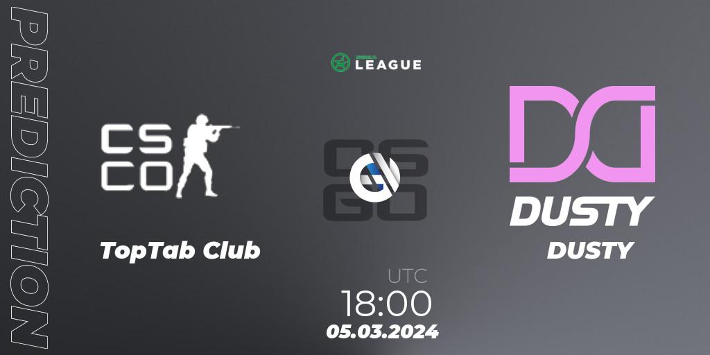 TopTab Club contre DUSTY : prédiction de match. 05.03.2024 at 18:00. Counter-Strike (CS2), ESEA Season 48: Main Division - Europe