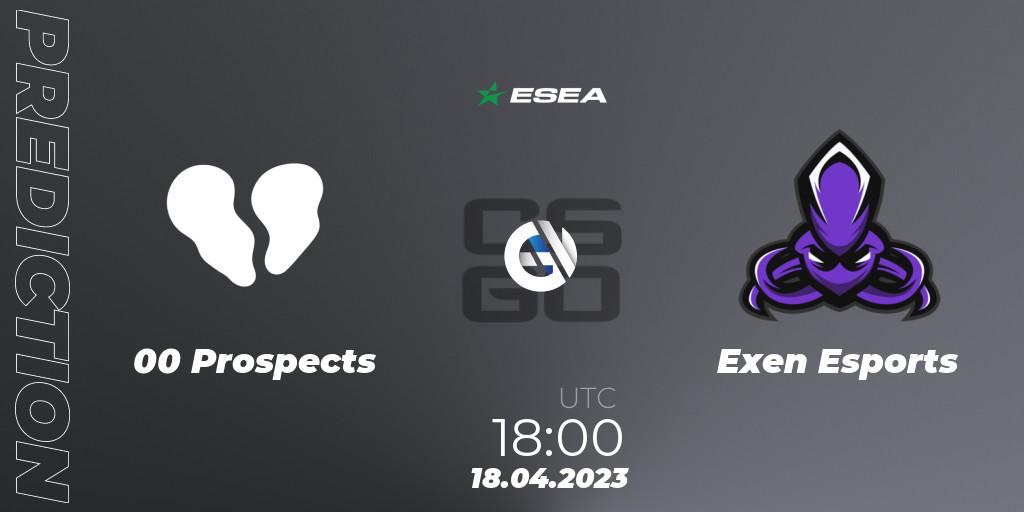 00 Prospects contre Exen Esports : prédiction de match. 18.04.2023 at 18:00. Counter-Strike (CS2), ESEA Season 45: Advanced Division - Europe