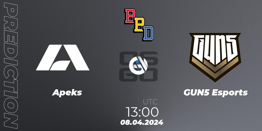 Apeks contre GUN5 Esports : prédiction de match. 08.04.2024 at 13:00. Counter-Strike (CS2), BetBoom Dacha Belgrade 2024: European Qualifier
