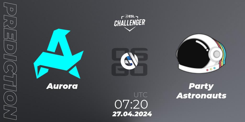 Aurora contre Party Astronauts : prédiction de match. 27.04.2024 at 07:45. Counter-Strike (CS2), ESL Challenger April 2024