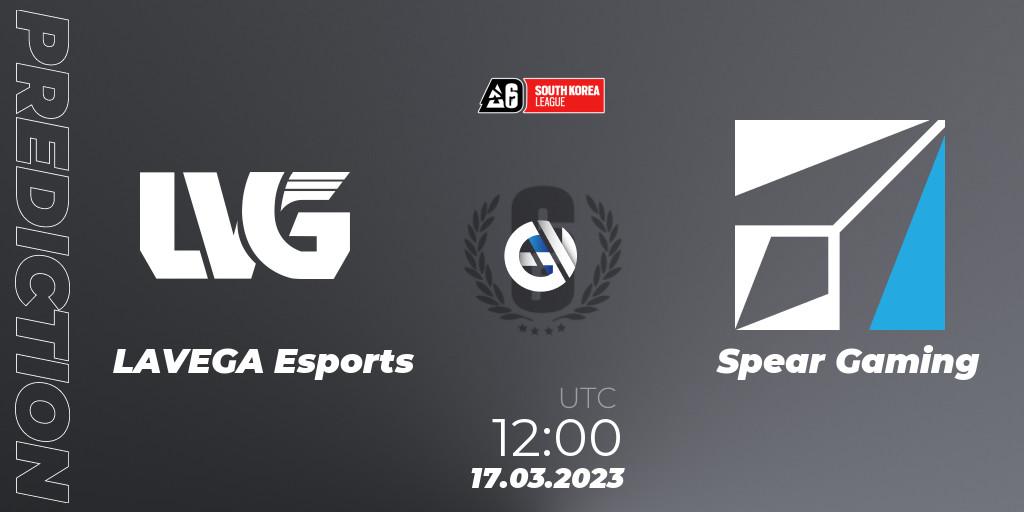 LAVEGA Esports contre Spear Gaming : prédiction de match. 17.03.2023 at 12:00. Rainbow Six, South Korea League 2023 - Stage 1