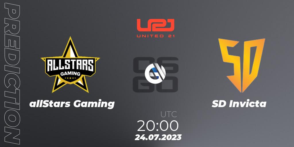 allStars Gaming contre SD Invicta : prédiction de match. 24.07.2023 at 20:00. Counter-Strike (CS2), United21 Season 4