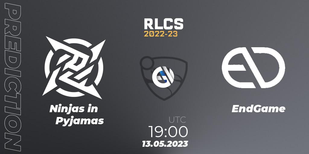 Ninjas in Pyjamas contre EndGame : prédiction de match. 13.05.2023 at 19:45. Rocket League, RLCS 2022-23 - Spring: South America Regional 1 - Spring Open