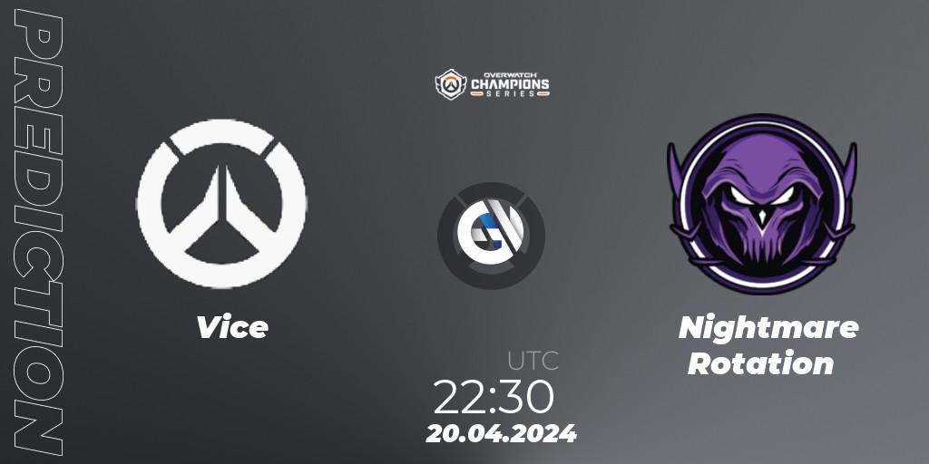 Vice contre Nightmare Rotation : prédiction de match. 20.04.2024 at 22:30. Overwatch, Overwatch Champions Series 2024 - North America Stage 2 Group Stage