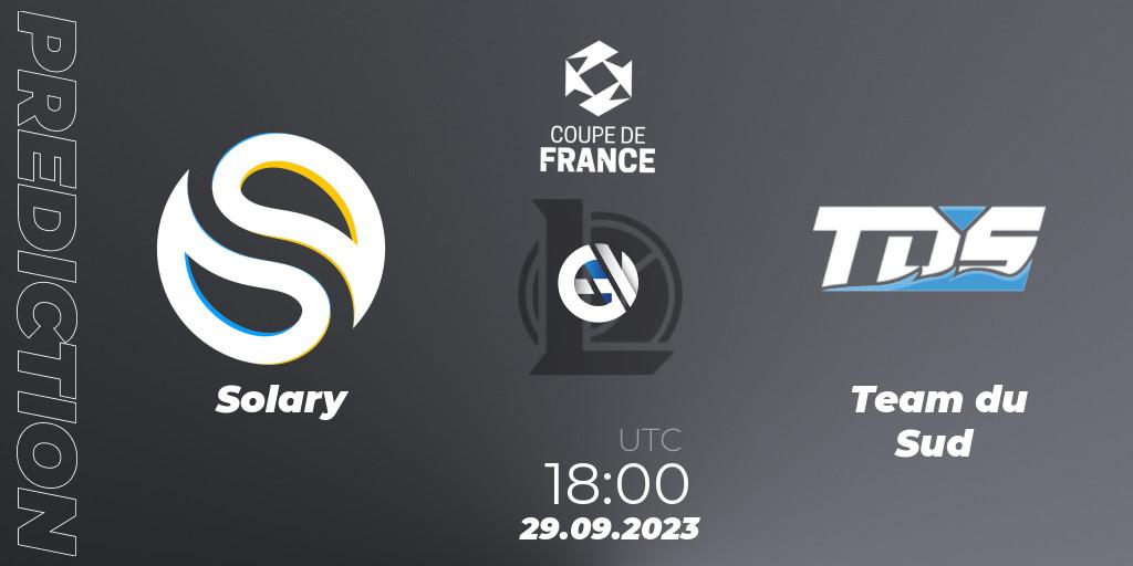 Solary contre Team du Sud : prédiction de match. 29.09.2023 at 15:30. LoL, Coupe de France 2023