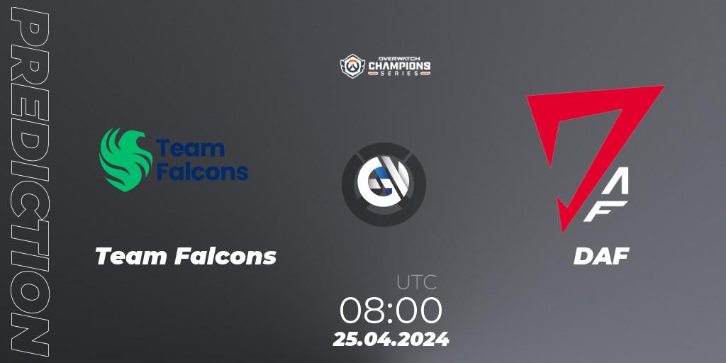 Team Falcons contre DAF : prédiction de match. 25.04.2024 at 06:00. Overwatch, Overwatch Champions Series 2024 - Asia Stage 1 Main Event