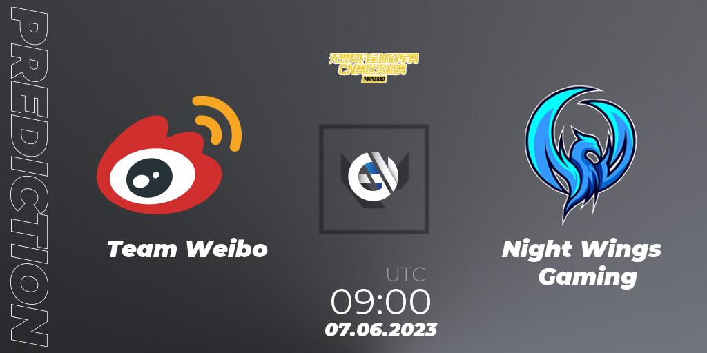 Team Weibo contre Night Wings Gaming : prédiction de match. 07.06.2023 at 09:00. VALORANT, VALORANT Champions Tour 2023: China Preliminaries