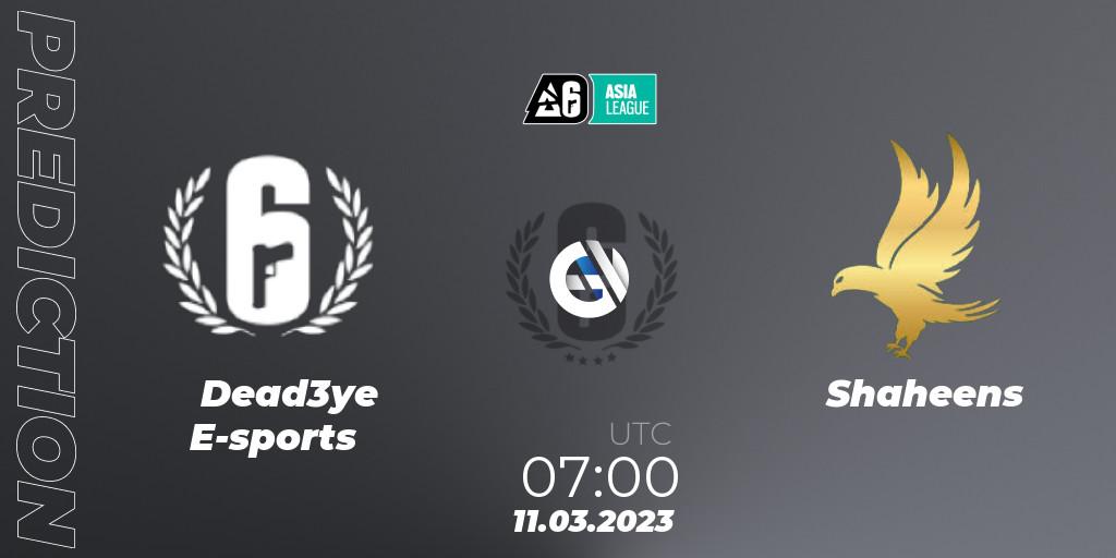 Dead3ye E-sports contre Shaheens : prédiction de match. 11.03.2023 at 08:00. Rainbow Six, South Asia League 2023 - Stage 1