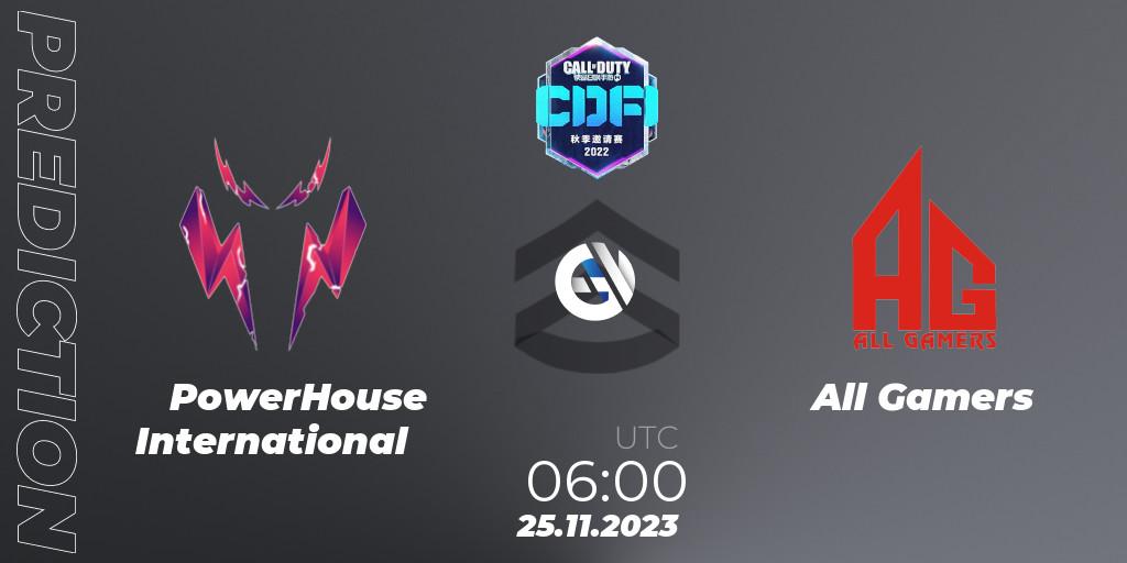 PowerHouse International contre All Gamers : prédiction de match. 25.11.2023 at 07:50. Call of Duty, CODM Fall Invitational 2023