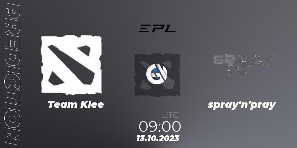 Team Klee contre spray'n'pray : prédiction de match. 13.10.2023 at 09:00. Dota 2, European Pro League Season 13