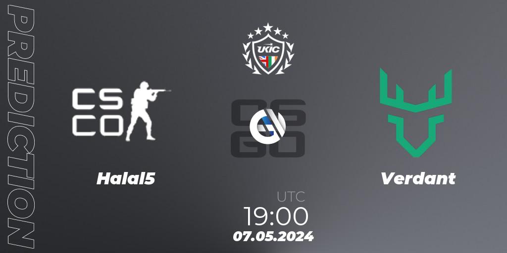 Halal5 contre Verdant : prédiction de match. 07.05.2024 at 19:00. Counter-Strike (CS2), UKIC League Season 2: Division 1