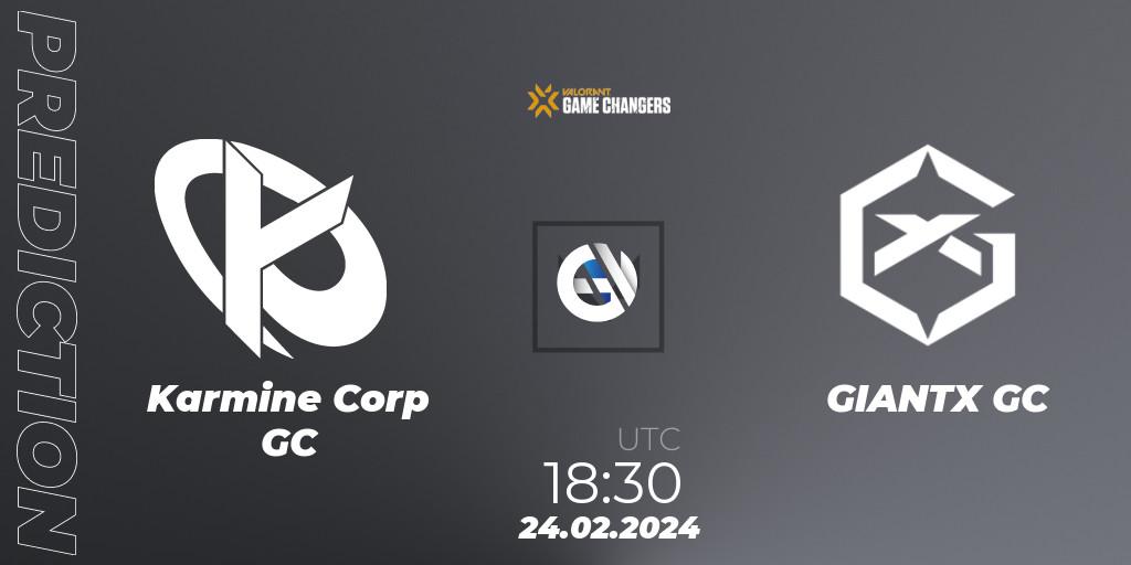 Karmine Corp GC contre GIANTX GC : prédiction de match. 24.02.2024 at 18:00. VALORANT, VCT 2024: Game Changers EMEA Stage 1