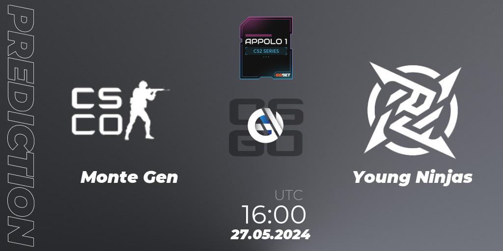 Monte Gen contre Young Ninjas : prédiction de match. 27.05.2024 at 16:00. Counter-Strike (CS2), Appolo1 Series: Phase 2