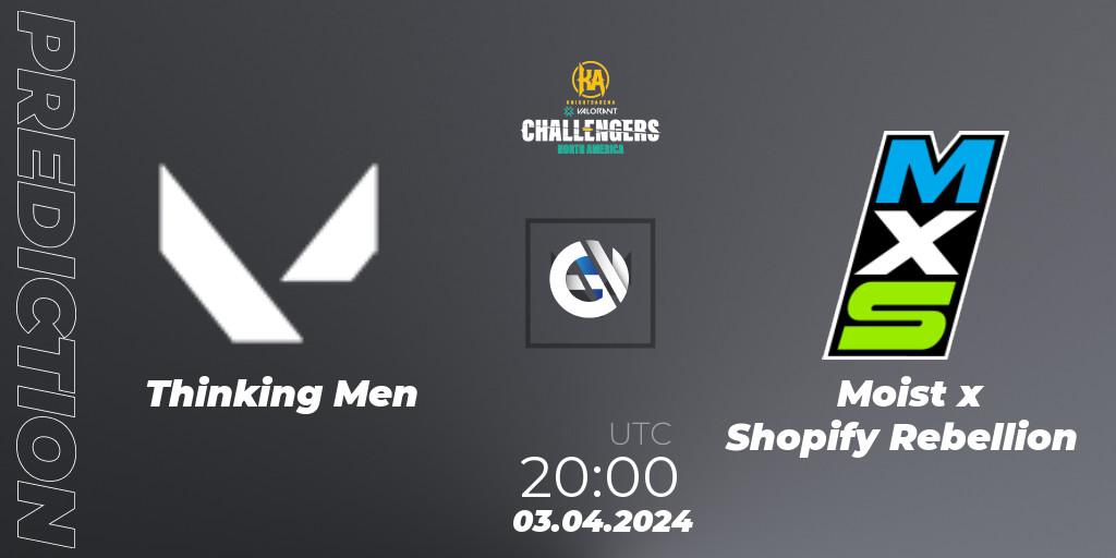 Thinking Men contre Moist x Shopify Rebellion : prédiction de match. 03.04.2024 at 20:00. VALORANT, VALORANT Challengers 2024: North America Split 1