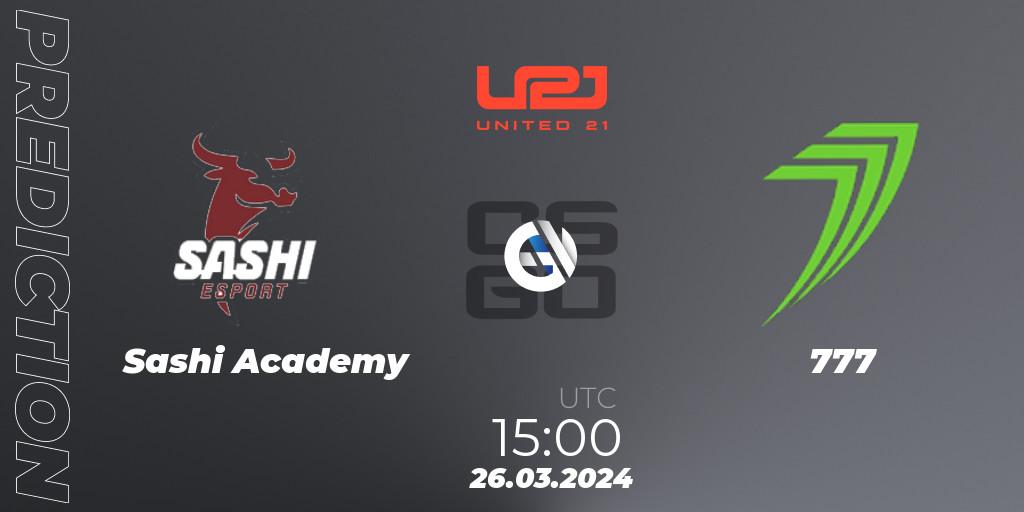 Sashi Academy contre 777 : prédiction de match. 26.03.2024 at 15:00. Counter-Strike (CS2), United21 Season 12: Division 2