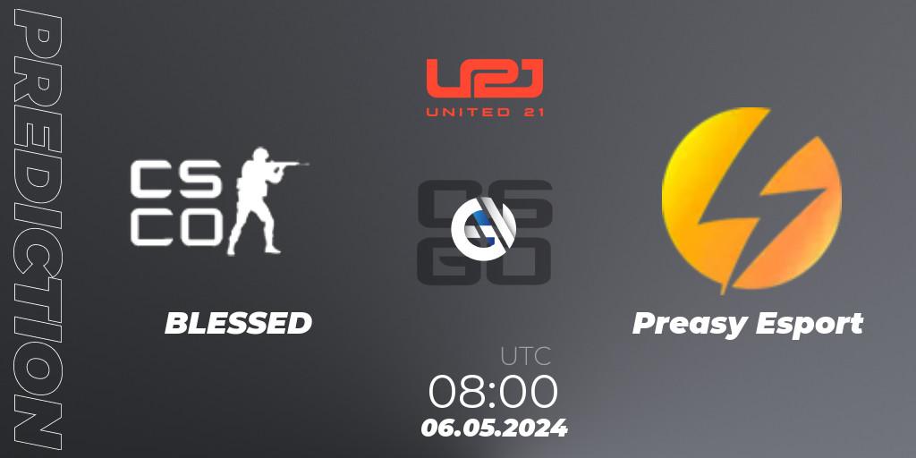 BLESSED contre Preasy Esport : prédiction de match. 06.05.2024 at 08:00. Counter-Strike (CS2), United21 Season 15
