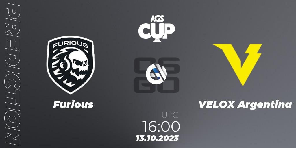 Furious contre VELOX Argentina : prédiction de match. 13.10.2023 at 16:00. Counter-Strike (CS2), AGS CUP 2023