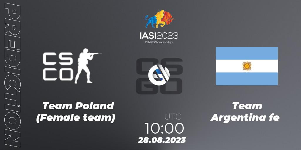 Team Poland (Female team) contre Team Argentina fe : prédiction de match. 28.08.2023 at 10:00. Counter-Strike (CS2), IESF Female World Esports Championship 2023