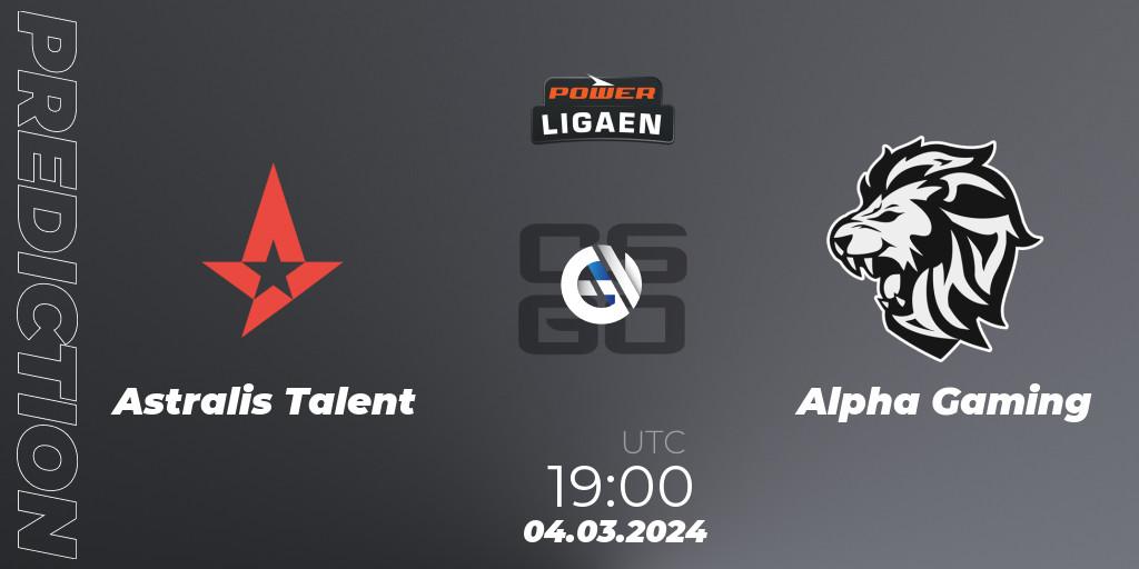 Astralis Talent contre Alpha Gaming : prédiction de match. 06.03.2024 at 19:00. Counter-Strike (CS2), Dust2.dk Ligaen Season 25