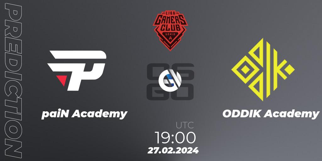 paiN Academy contre ODDIK Academy : prédiction de match. 27.02.2024 at 19:00. Counter-Strike (CS2), Gamers Club Liga Série A: February 2024