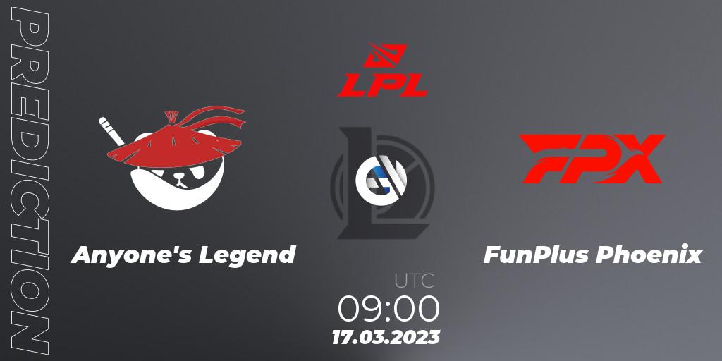 Anyone's Legend contre FunPlus Phoenix : prédiction de match. 17.03.2023 at 09:00. LoL, LPL Spring 2023 - Group Stage