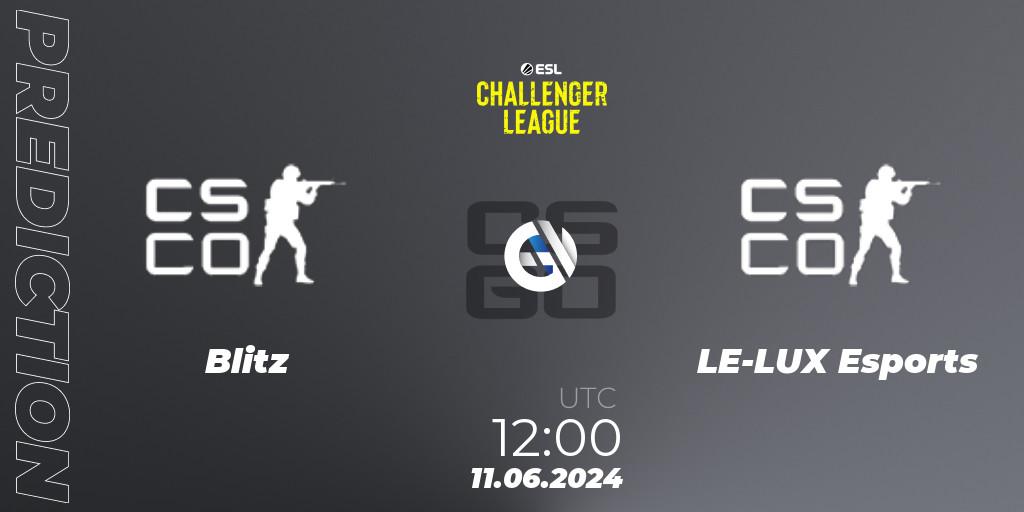 Blitz contre LE-LUX Esports : prédiction de match. 11.06.2024 at 12:00. Counter-Strike (CS2), ESL Challenger League Season 47 Relegation: Oceania