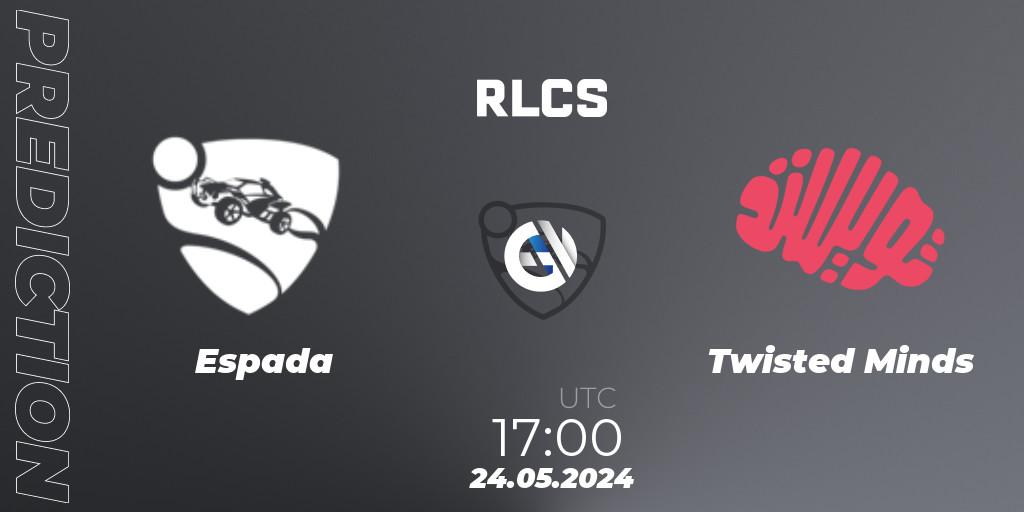 Espada contre Twisted Minds : prédiction de match. 24.05.2024 at 17:00. Rocket League, RLCS 2024 - Major 2: MENA Open Qualifier 6