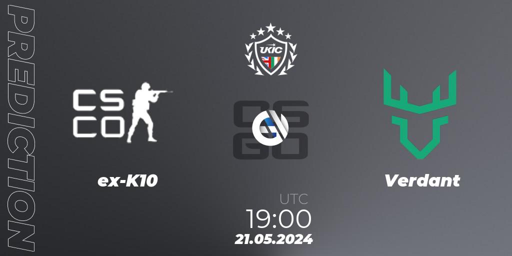 ex-K10 contre Verdant : prédiction de match. 21.05.2024 at 19:00. Counter-Strike (CS2), UKIC League Season 2: Division 1