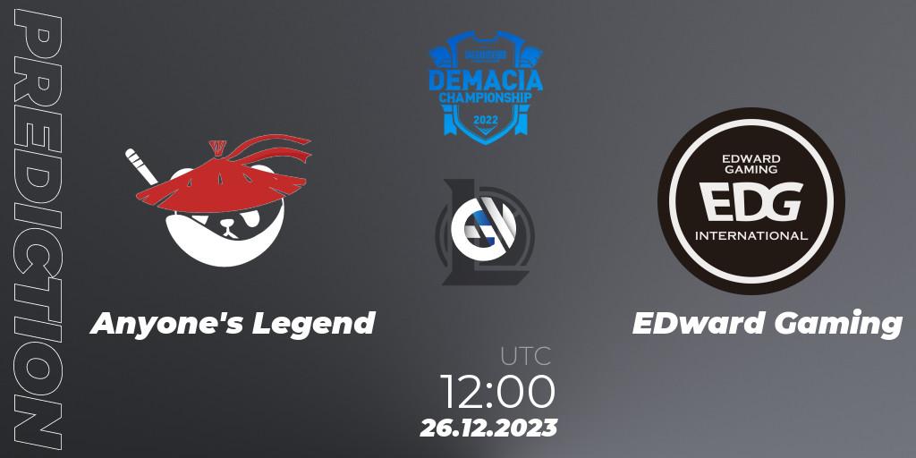 Anyone's Legend contre EDward Gaming : prédiction de match. 26.12.23. LoL, Demacia Cup 2023 Group Stage
